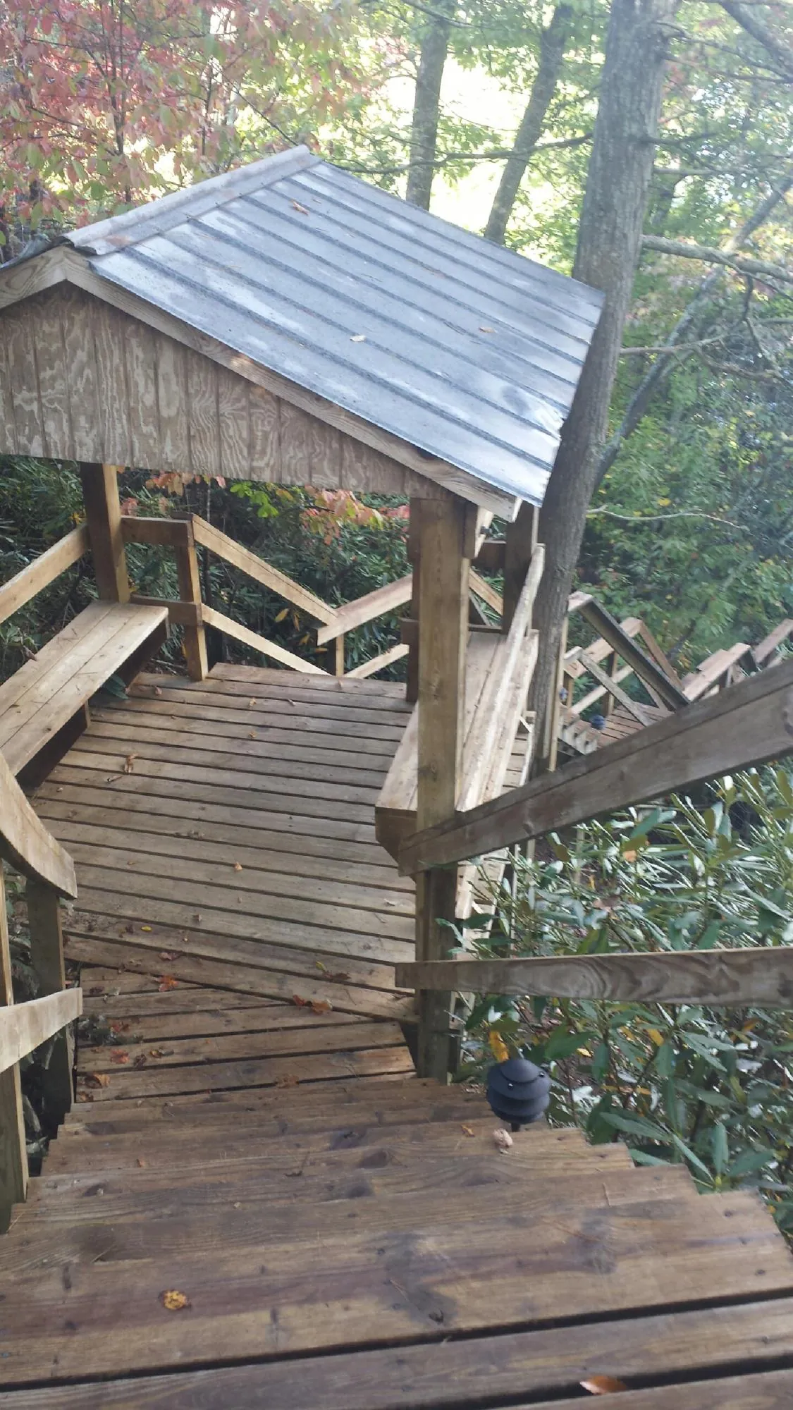 Metal roofed shelter over wooden steps on a wooded walkway — Skylight Repair & Installation work by our crew in Cave City